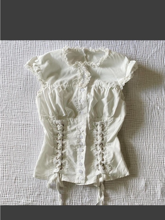Moda International Tops - Moda International Cream Lace-Trim Corset Button-Front Top